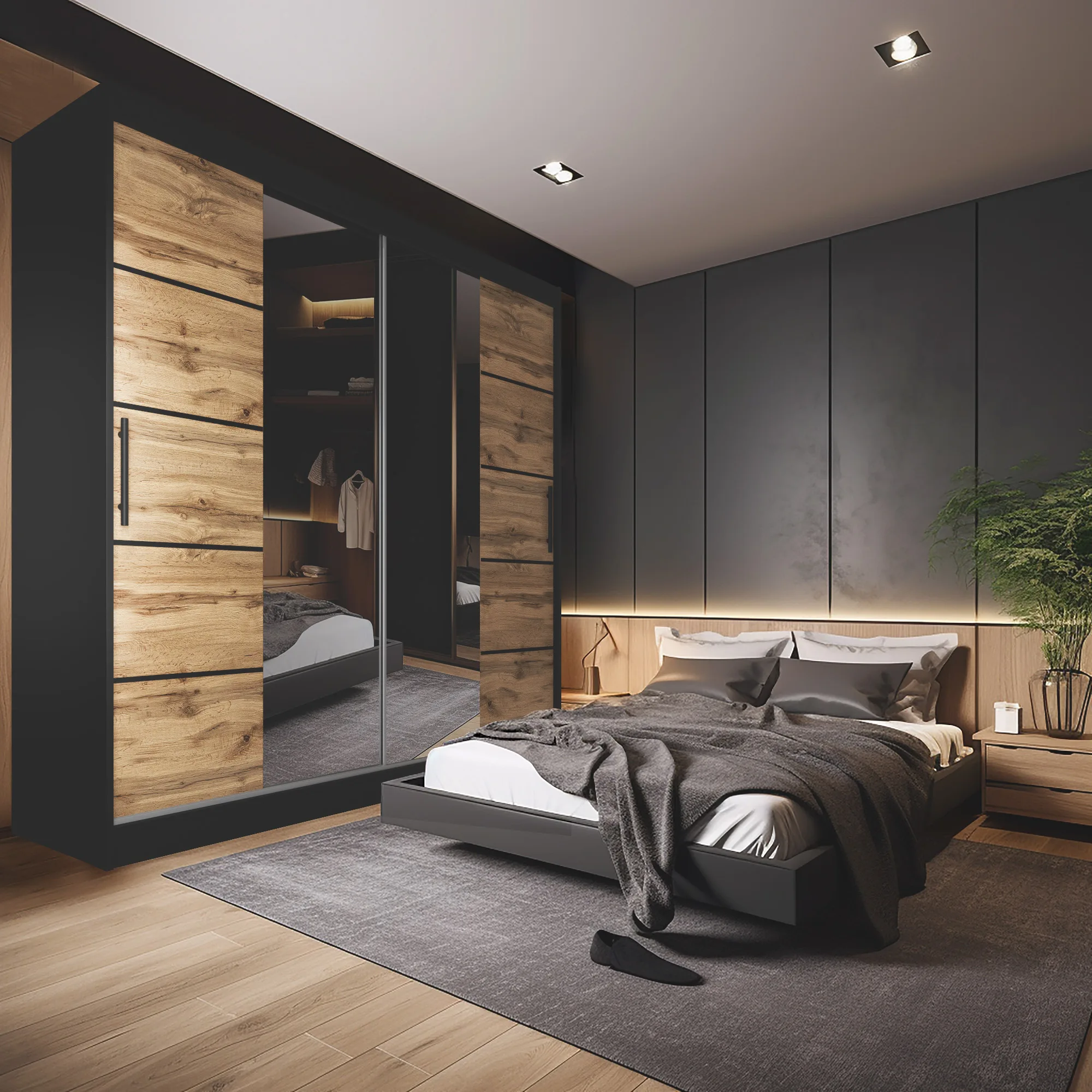 Camera da letto con armadio scorrevole e LED