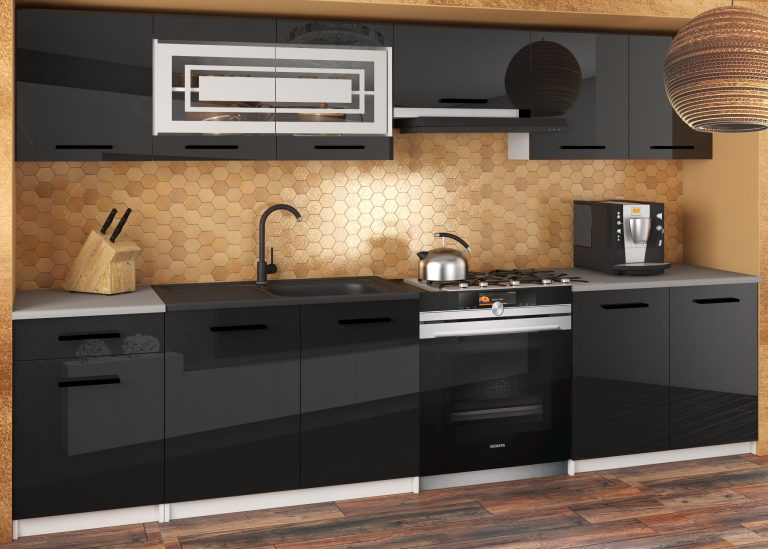 Mobili da cucina JUSTYNA 260 cm nero lucido senza piano di lavoro Produttore INF JUSTYNA/0/WT/B/BB/B1