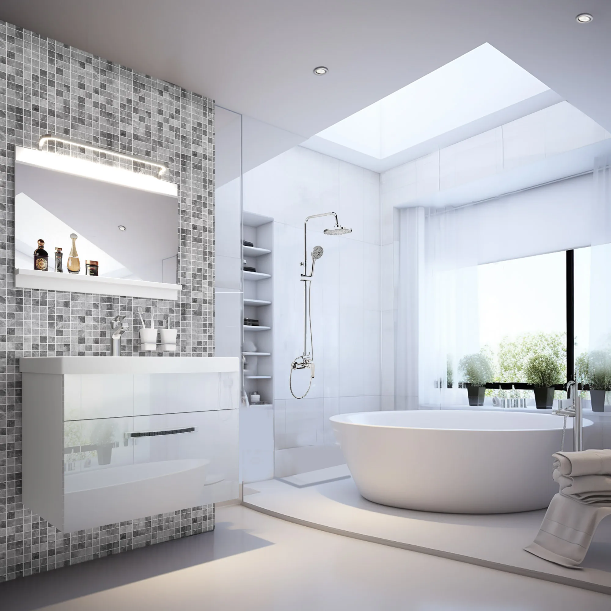 Bagno luminoso con vasca ovale e mobile sospeso bianco
