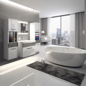 Bagno luminoso con vasca freestanding e mobili lucidi grigio