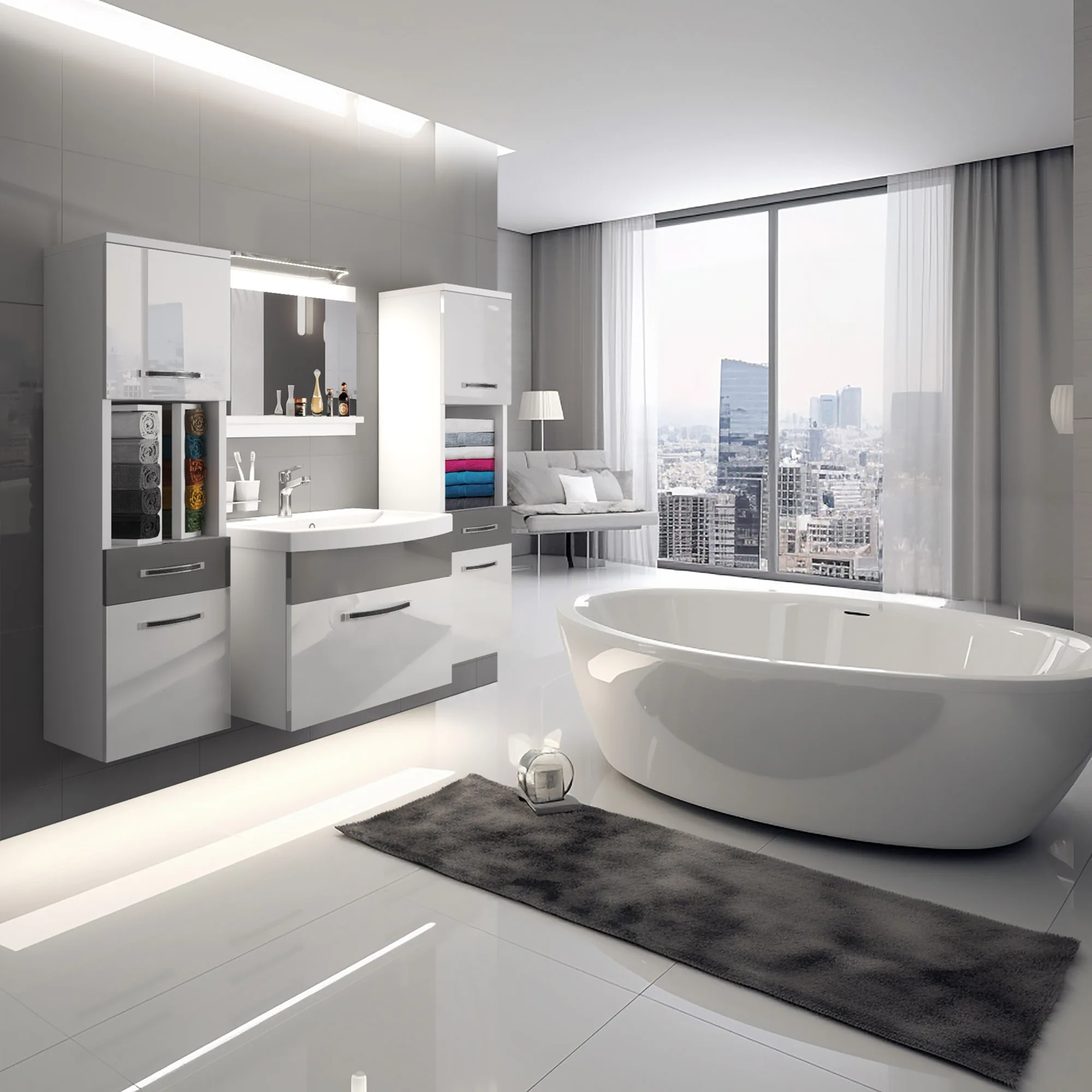 Bagno luminoso con vasca freestanding e mobili lucidi grigio