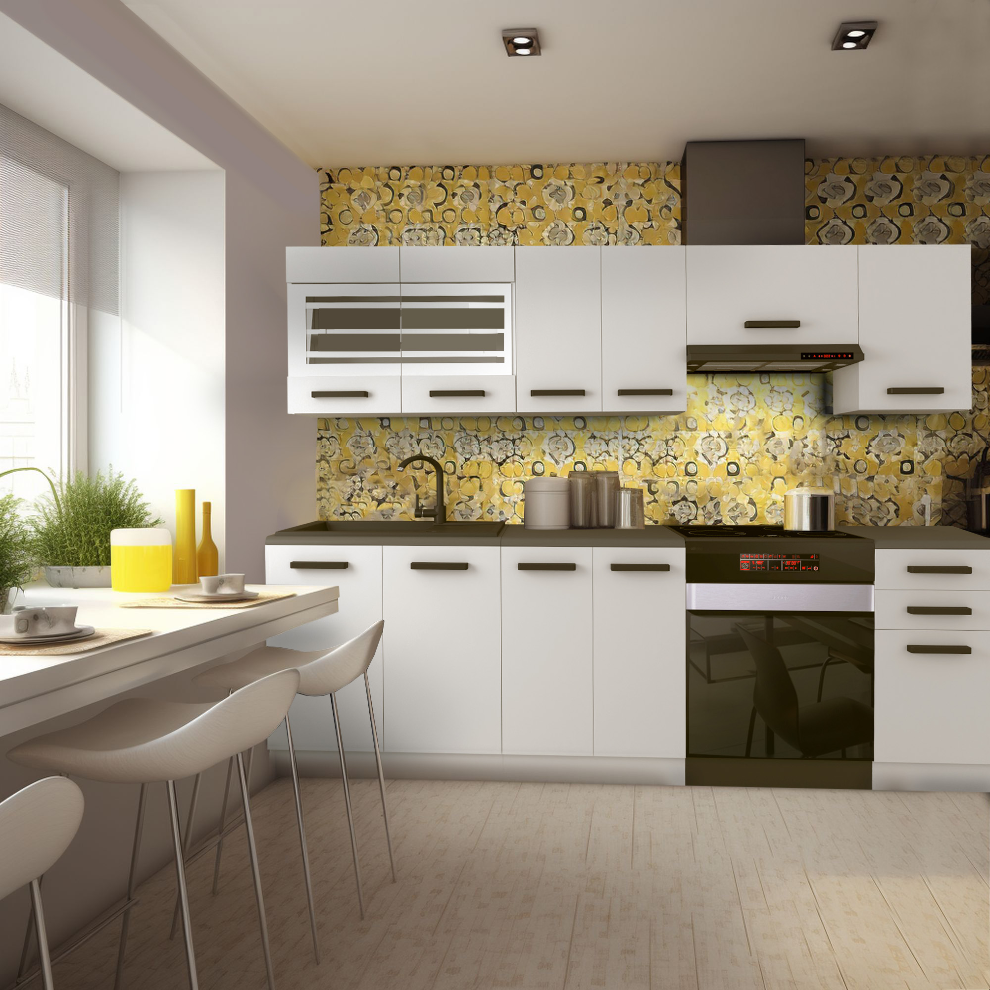 Cucina bianca con schienale floreale giallo