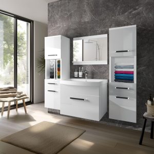 Mobile bagno bianco lucido su parete effetto pietra