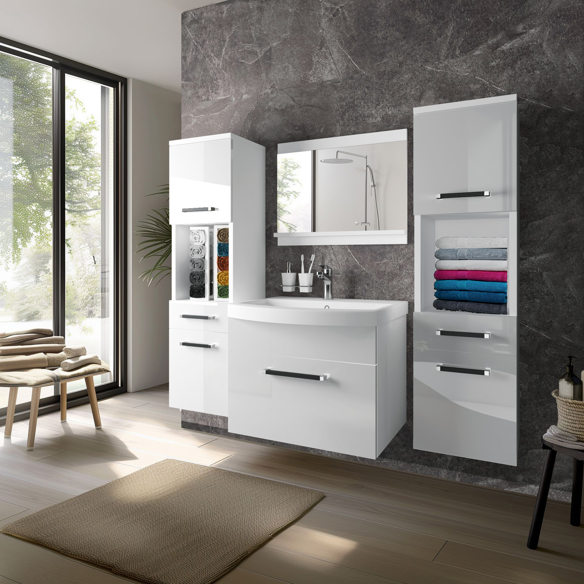 Mobile bagno bianco lucido su parete effetto pietra
