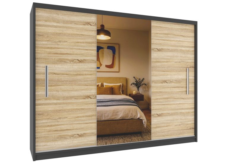 Armadio scorrevole 232 cm con specchio rovere sonoma – Produttore MES PRIMO SZP4/2/1B/2DS1L/0/AL