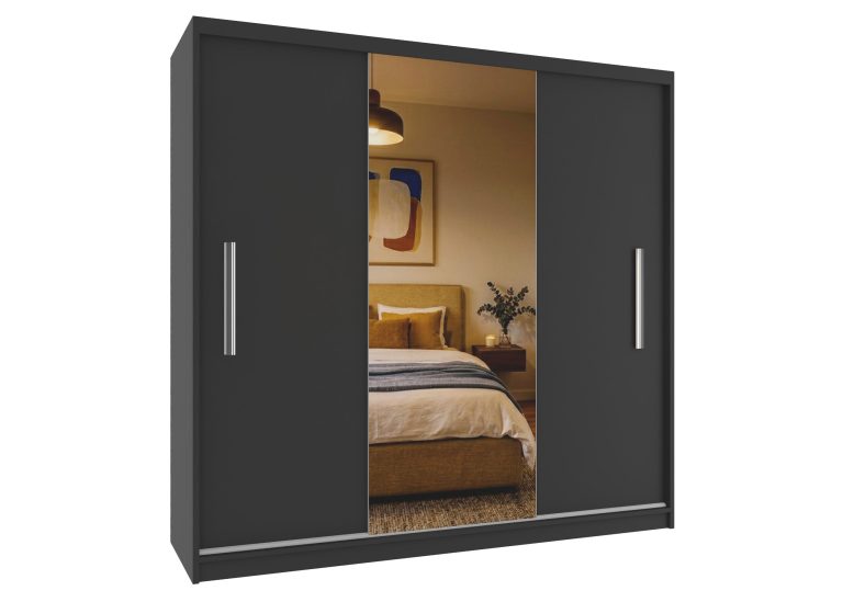 Armadio scorrevole 200 cm PRIMO con specchio nero ebano opaco – Produttore MES PRIMO SZP1/1/B/B/0/AL
