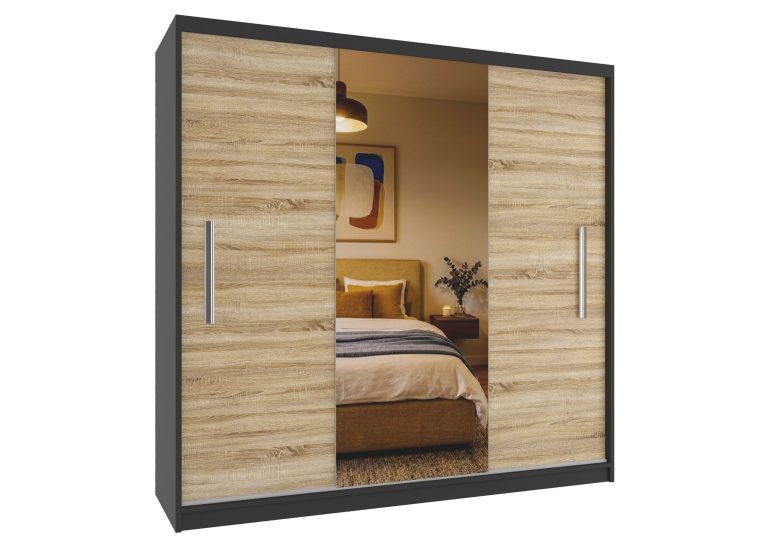 Armadio scorrevole 200 cm PRIMO con specchio rovere sonoma opaco – Produttore MES PRIMO SZP1/1/B/DS/0/AL