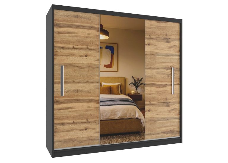 Armadio scorrevole 200 cm PRIMO con specchio rovere wotan opaco – Produttore MES PRIMO SZP1/1/B/DW/0/AL