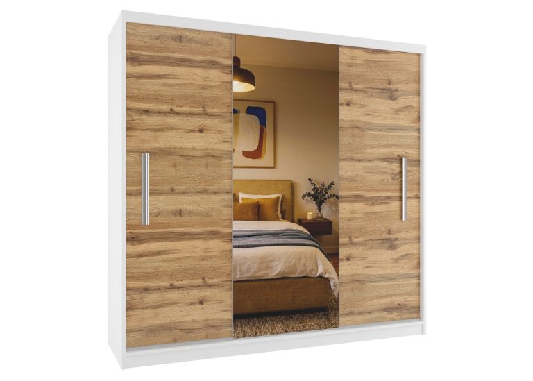 Armadio scorrevole 200 cm PRIMO con specchio rovere wotan / rovere sonoma – Produttore MES PRIMO SZP1/1/W/DW/0/AL