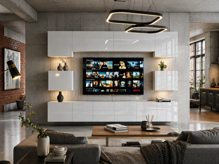Parete attrezzata Belini Premium Versione completa Bianco lucido + Illuminazione LED Nexum 39 Produttore NEX 3/0/W/W/0/0/PP