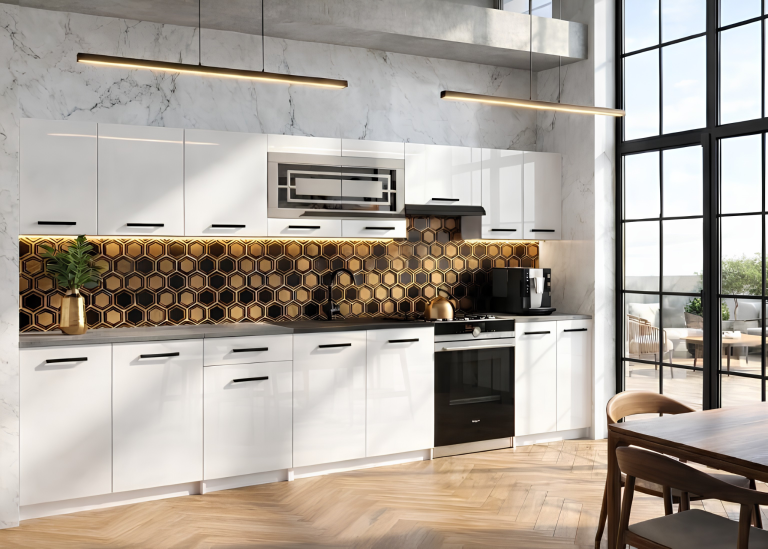 Mobili da cucina JULIA 320 cm bianco lucido con piano d'appoggio Produttore INF JULIA/0/WT/W/0/B1