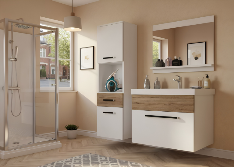 Mobili da bagno Belini bianco opaco / rovere sonoma + lavabo + specchio Produttore ROD M 3/0/W/WDS/0/ZW