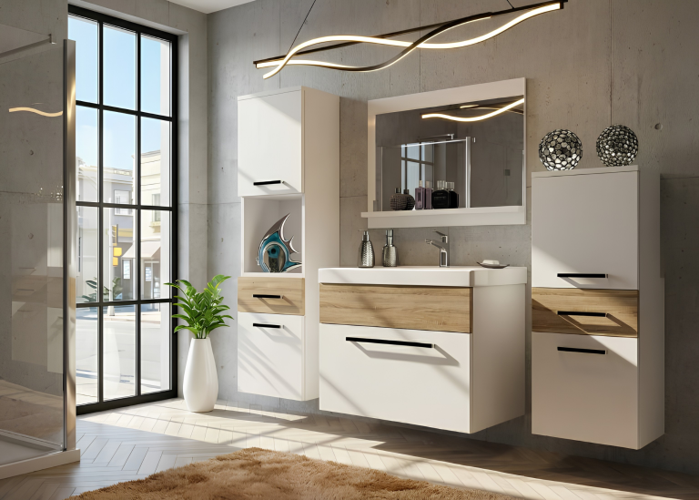 Mobili da bagno Belini bianco opaco / rovere sonoma + lavabo + specchio Produttore ROD M 5/0/W/WDS/0/ZW