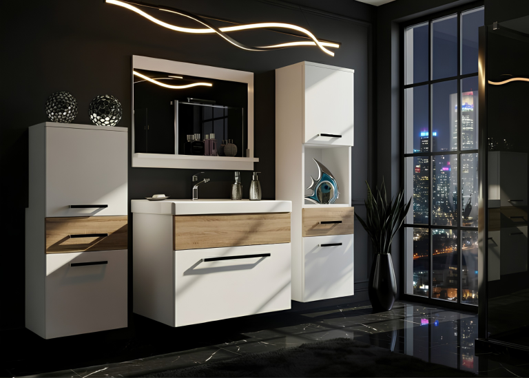 Mobili da bagno Belini bianco opaco / rovere sonoma + lavabo + specchio Produttore ROD M 5/0/W/WDS/0/ZW