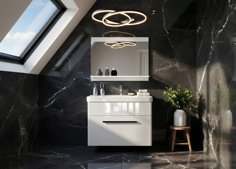Mobili da bagno Belini bianco lucido + lavabo + specchio Produttore ROD P 1/0/W/W/0/ZW
