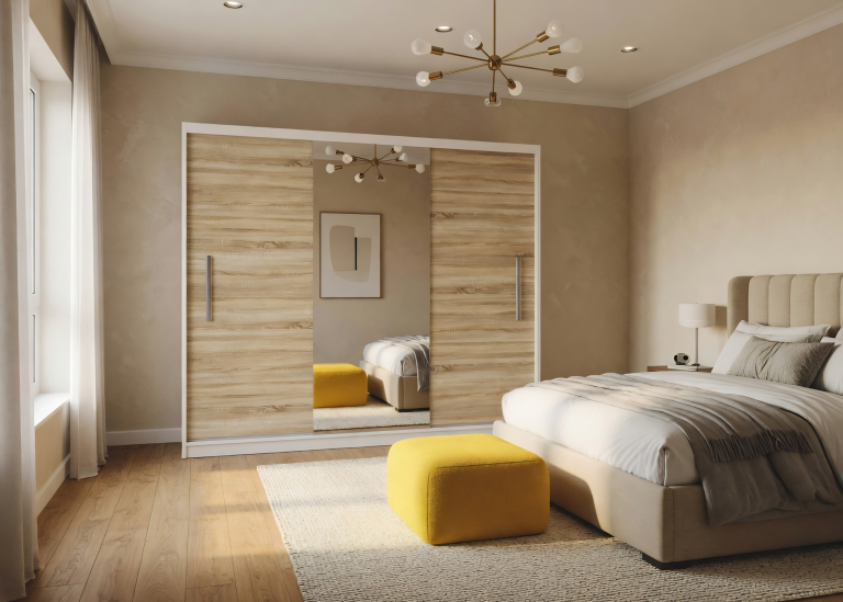 Armadio scorrevole 232 cm con specchio rovere wotan / rovere sonoma – Produttore MES PRIMO SZP4/2/1W/2DS1L/0/AL