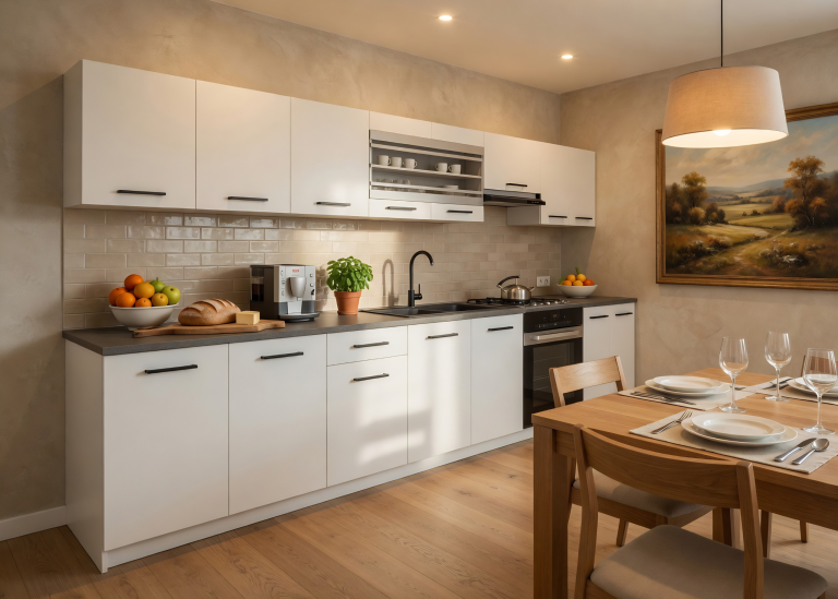 Cucina 320 cm bianco opaco con piano di lavoro – Produttore TOR PRIMO320/4/WT/WT/0/B1