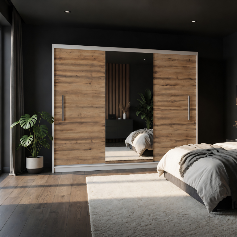 Armadio scorrevole 232 cm con specchio rovere wotan / rovere sonoma – Produttore MES PRIMO SZP4/2/1W/2DW1L/0/AL