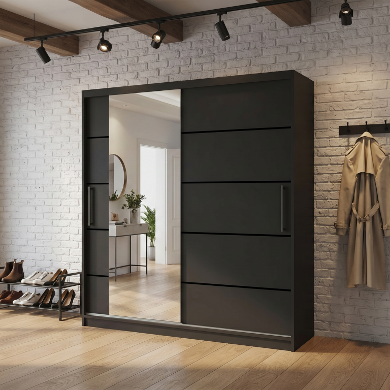 Armadio 158 cm Belini nero opaco con ante scorrevoli a specchio e cassetti Produttore MBP SZP7/0/B/B/0/KLP