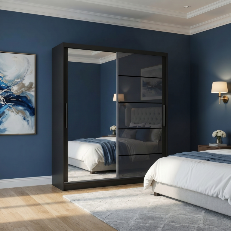Armadio 133 cm Belini nero opaco / grigio lucido con ante scorrevoli a specchio e cassetti Produttore MGB SZP6/1/B/1L5S/KLP