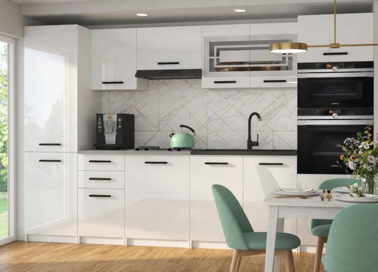Mobili da cucina 300 cm bianchi lucidi con piano di lavoro Produttore INF SYNTKA2/5/WT/W/0/B1