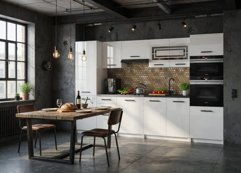Mobili da cucina 300 cm bianchi lucidi con piano di lavoro Produttore INF SYNTKA2/5/WT/W/0/B1