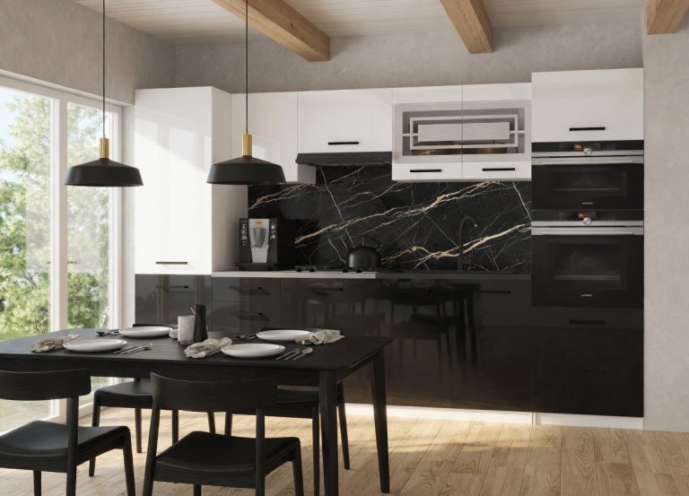 Mobili da cucina 300 cm bianco lucido nero lucido con piano di lavoro Produttore INF SYNTKA2/5/WT/WB/0/B1
