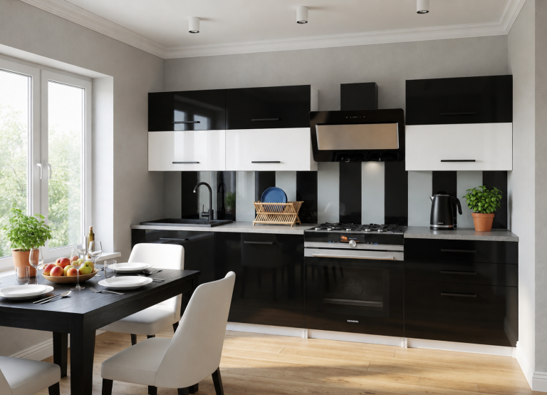 Mobili da cucina 180 cm nero lucido bianco lucido con piano di lavoro Produttore INF PRIMERA2/2/WT/BWTB/0/B1