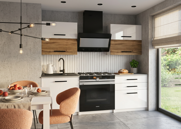 Mobili da cucina 120 cm bianchi lucidi in rovere Wotan rovere Sonoma con piano di lavoro Produttore INF ELEGANTA2/2/WT/WDWW/0/B1
