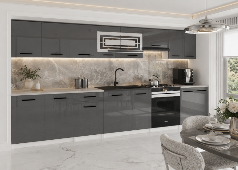Mobili da cucina JULIA 320 cm grigio lucido con piano di lavoro Produttore INF JULIA/0/WT/S/0/B1