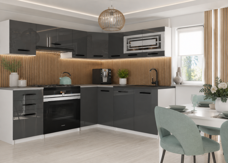 Mobili da cucina 360 cm grigio lucido con piano di lavoro Produttore INF LIDIA2/6/WT/S/0/B1