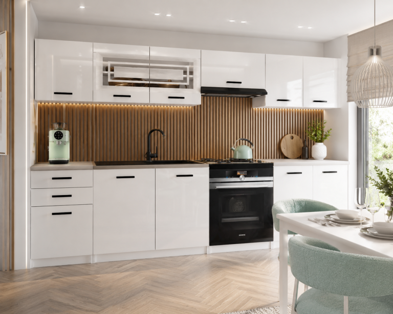 Mobili da cucina 240 cm bianchi lucidi con piano di lavoro Produttore INF MARIKA2/5/WT/W/0/B1