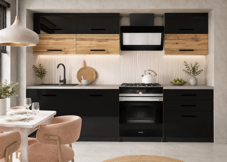 Mobili da cucina 180 cm neri lucidi in rovere Wotan rovere Sonoma con piano di lavoro Produttore INF PRIMERA2/2/WT/BDWB/0/B1