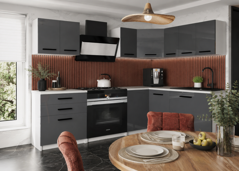 Mobili da cucina 300 cm grigio lucido antracite grafite con piano di lavoro Produttore INF ARMIN2/3/WT/S/0/B1