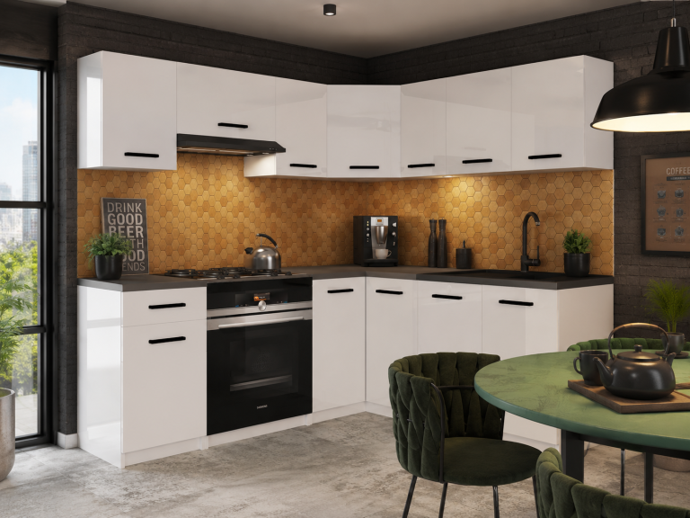 Mobili da cucina 360 cm bianchi lucidi con piano di lavoro Produttore INF LIDIAUNIQA2/5/WT/W/0/B1