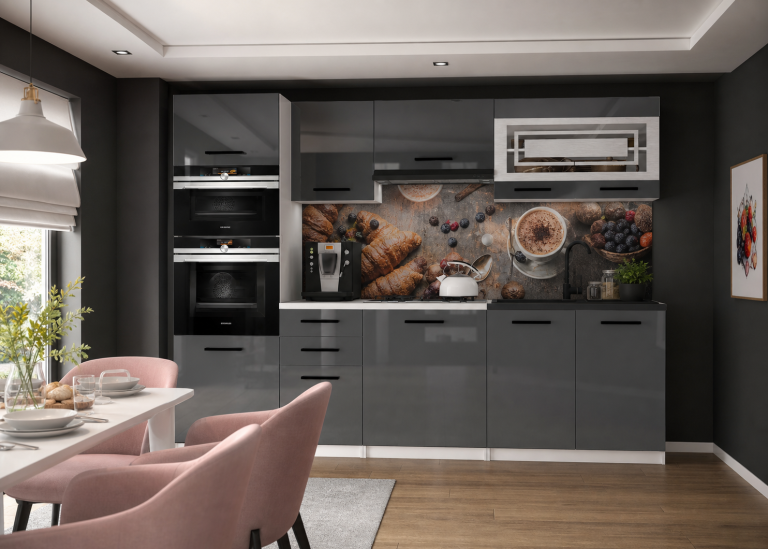 Mobili da cucina 240 cm grigio lucido con piano di lavoro Produttore INF PAULA2/4/WT/S/0/B1