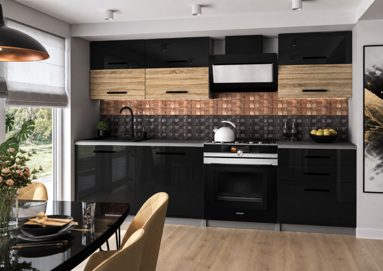 Mobili da cucina 180 cm neri lucidi in rovere Wotan rovere Sonoma con piano di lavoro Produttore INF PRIMERA2/2/WT/BDSB/0/B1