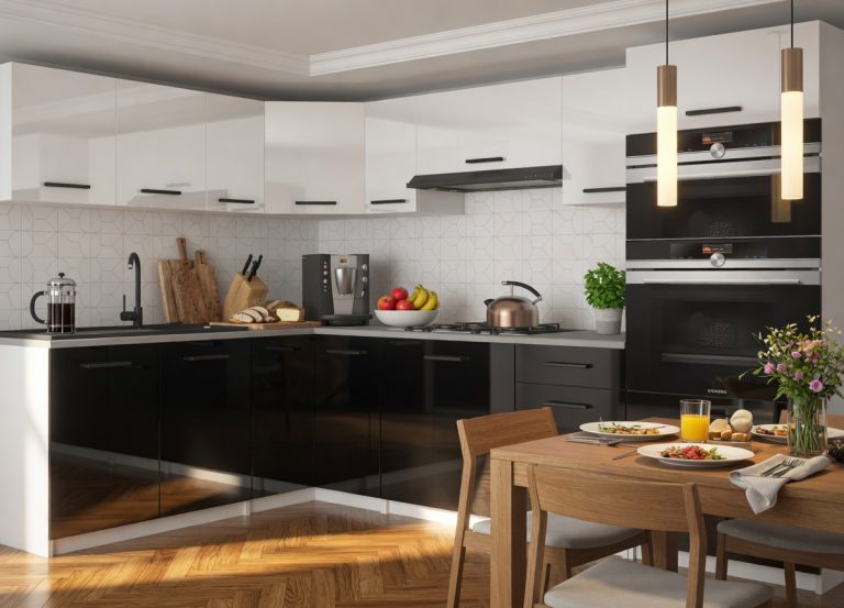 Mobili da cucina 420 cm bianco lucido nero lucido con piano di lavoro Produttore INF UNIQAGRANDE/5/WT/WB/0/B1