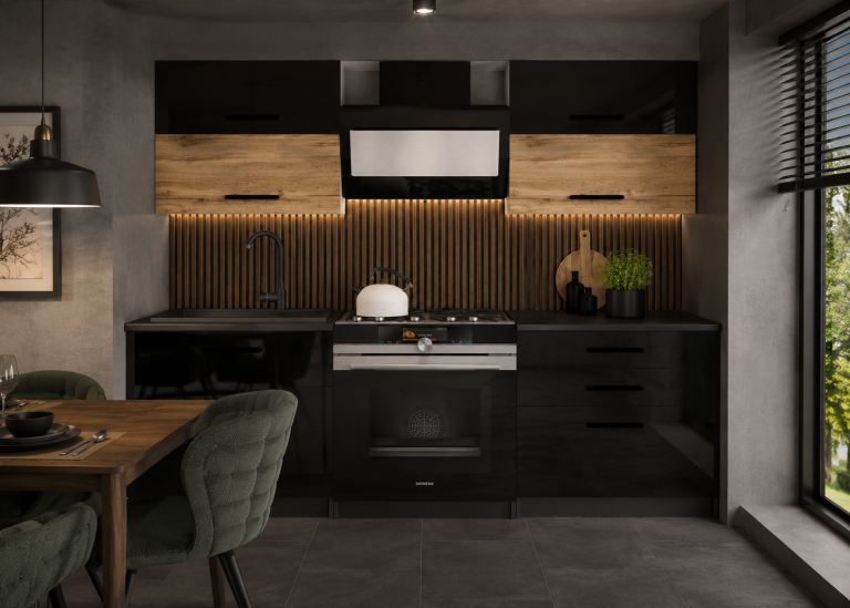 Mobili da cucina 120 cm neri lucidi in rovere Wotan rovere Sonoma con piano di lavoro Produttore INF ELEGANTA2/2/WT/BDWB/0/B1