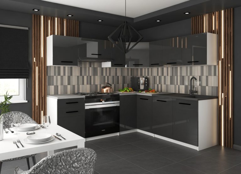 Mobili da cucina 360 cm grigio lucido con piano di lavoro Produttore INF LIDIAUNIQA2/4/WT/S/0/B1