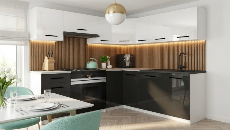 Mobili da cucina 360 cm bianco lucido nero lucido con piano di lavoro Produttore INF LIDIAUNIQA2/4/WT/WB/0/B1
