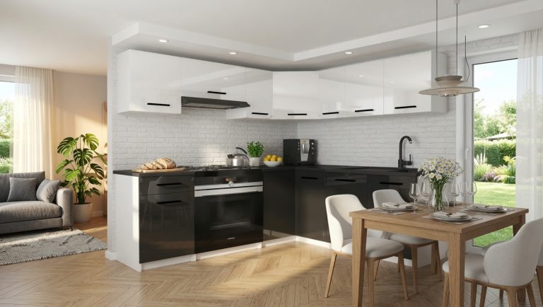Mobili da cucina 360 cm bianco lucido nero lucido con piano di lavoro Produttore INF LIDIAUNIQA2/4/WT/WB/0/B1