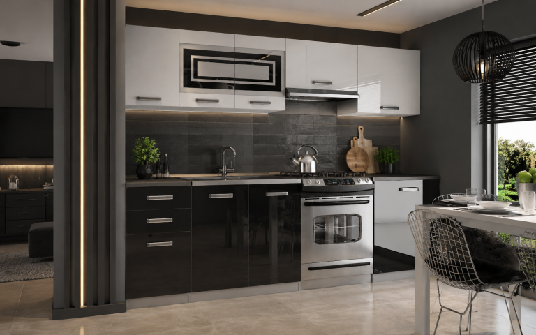 Mobili da cucina 240 cm bianco lucido nero lucido con piano di lavoro Produttore INF MARIKA/4/WT/WB/0/F