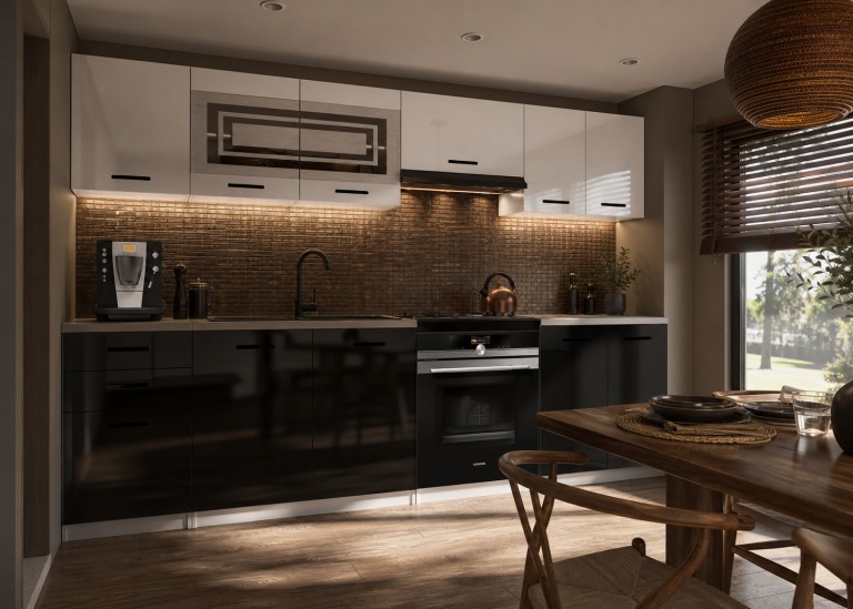 Mobili da cucina 240 cm bianco lucido nero lucido con piano di lavoro Produttore INF MARIKA2/5/WT/WB/0/B1