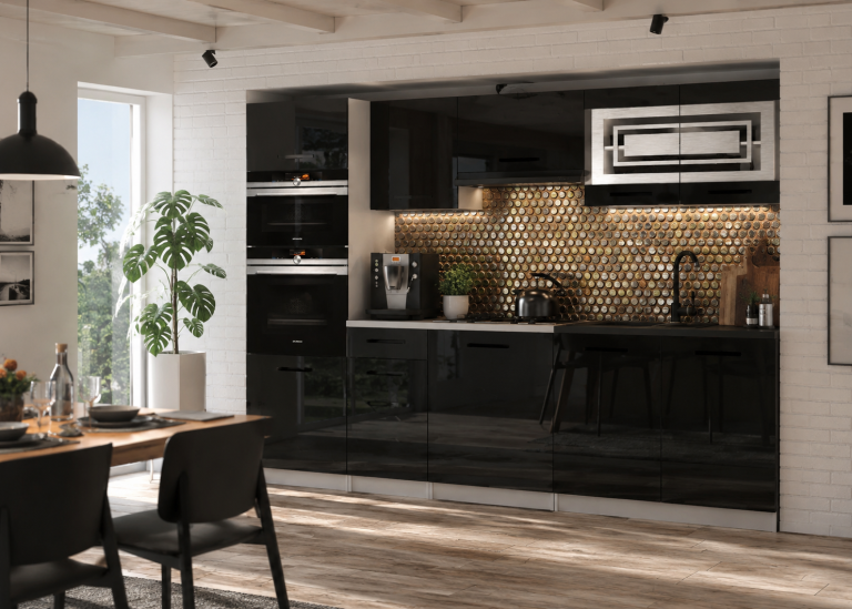 Mobili da cucina 240 cm nero lucido con piano di lavoro Produttore INF PAULA2/4/WT/B/0/B1