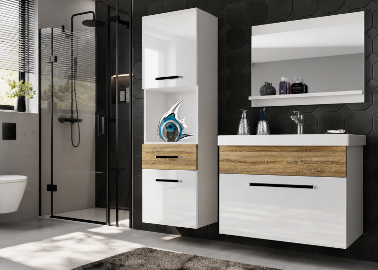 Mobili da bagno Belini bianco lucido / rovere sonoma + lavabo + specchio Produttore ROD PM 3/0/W/WDS/0/ZW