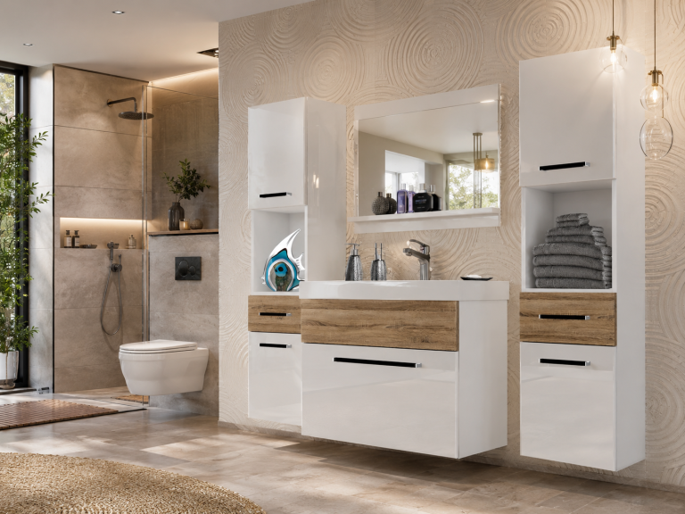 Mobili da bagno Belini bianco lucido / rovere sonoma + lavabo + specchio Produttore ROD PM 6/0/W/WDS/0/ZW