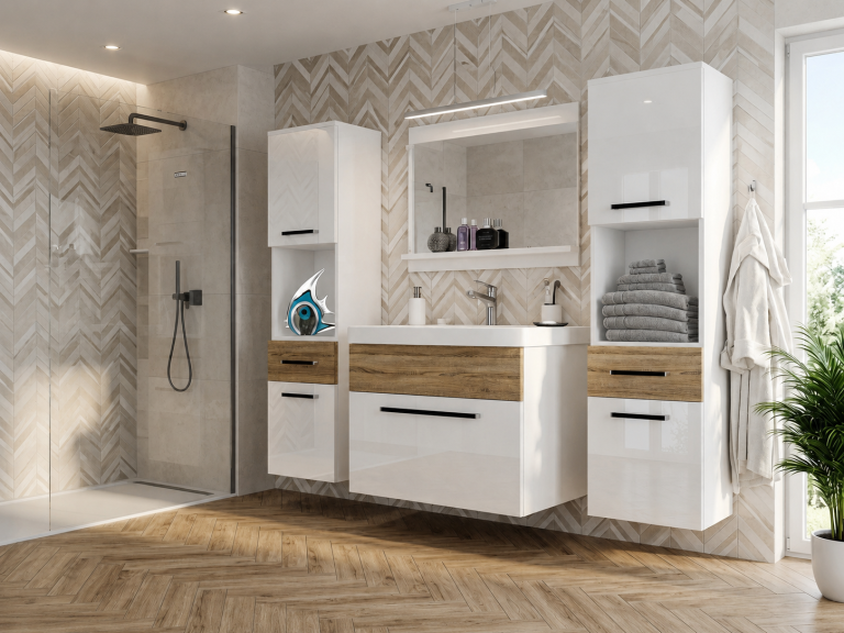 Mobili da bagno Belini bianco lucido / rovere sonoma + lavabo + specchio Produttore ROD PM 6/0/W/WDS/0/ZW