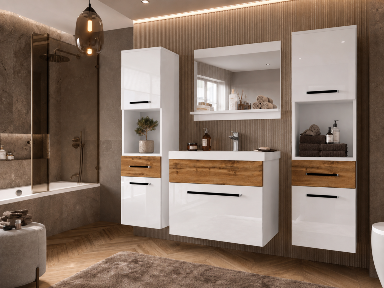 Mobili da bagno Belini bianco lucido / rovere wotan + lavabo + specchio Produttore ROD PM 6/0/W/WDW/0/ZW