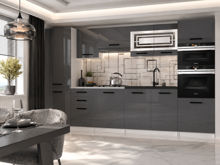 Mobili da cucina 300 cm grigio lucido con piano di lavoro Produttore INF SYNTKA2/6/WT/S/0/B1